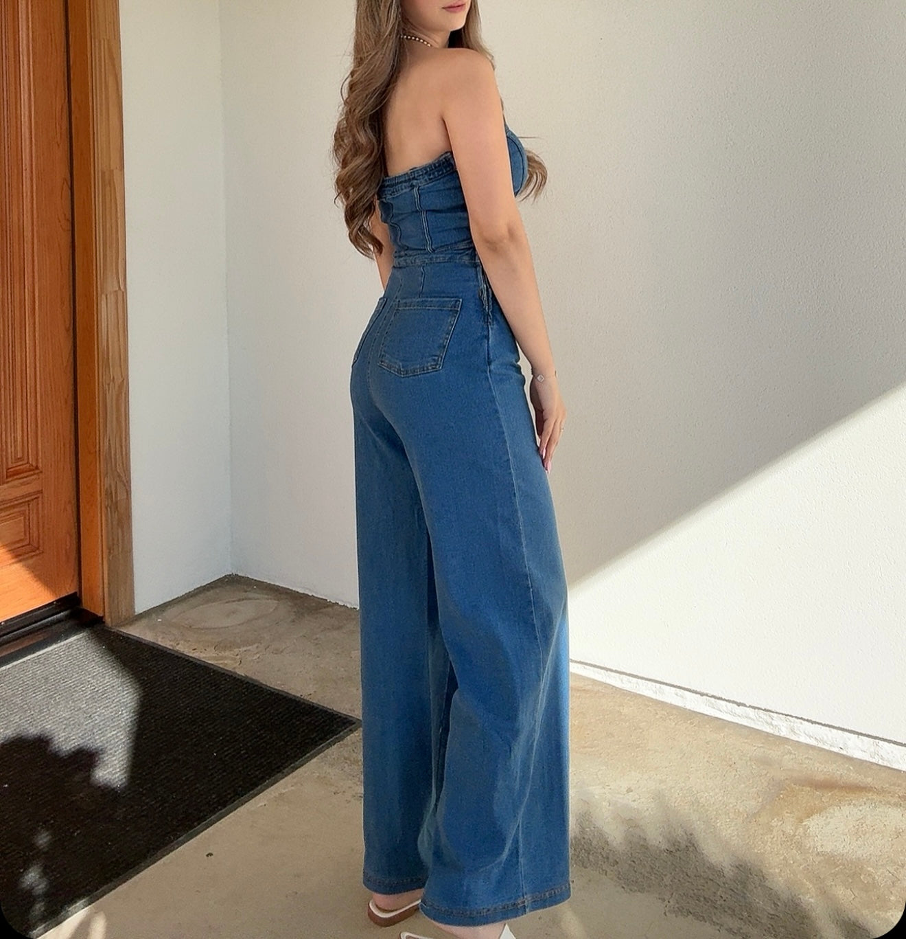 Poppy Wide Leg Denim Jumpsuit (Medium Denim)