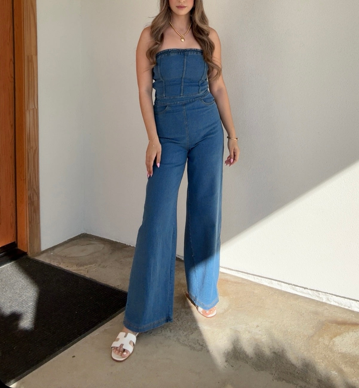 Poppy Wide Leg Denim Jumpsuit (Medium Denim)