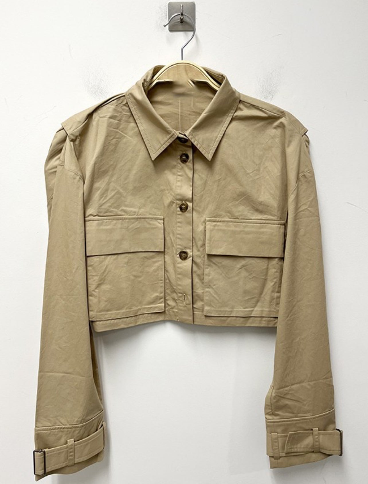 On Trend Sleeve Belted Cropped Jacket (Beige)