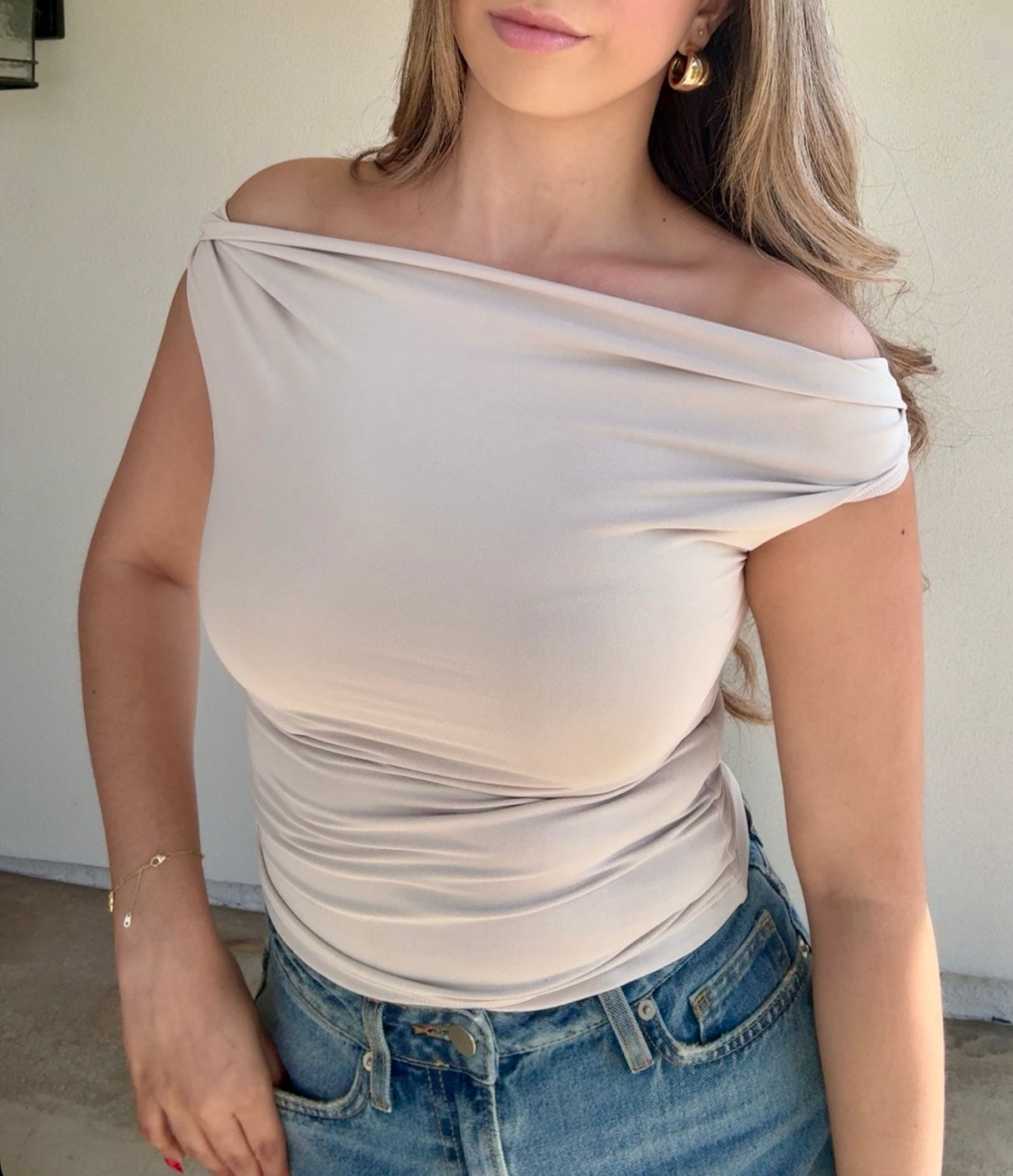 Celeste Double Layered Off The Shoulder Top (Oat Beige)