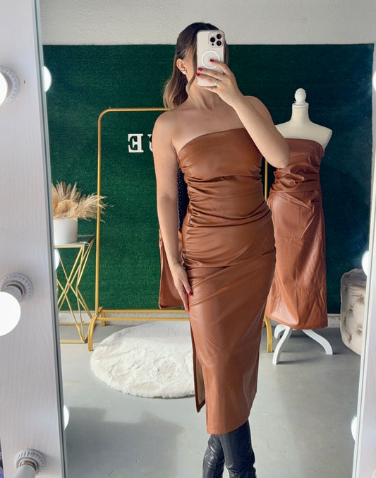 Laura Faux Leather Dress (Cognac)