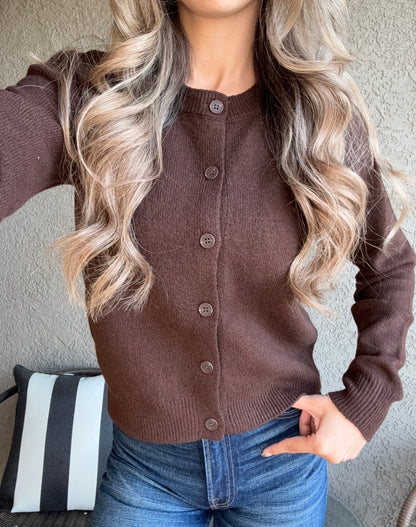 Zoe Crew Neck Button-Up Cardigan (Brown)