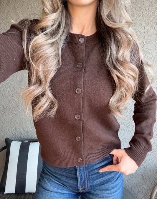 Zoe Crew Neck Button-Up Cardigan (Brown)