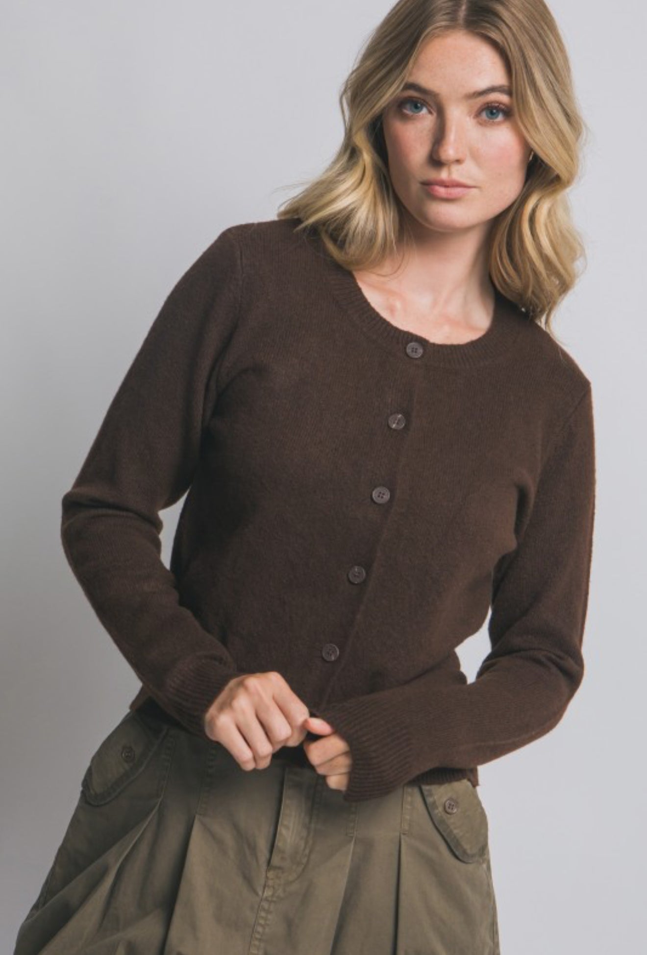Zoe Crew Neck Button-Up Cardigan (Brown)