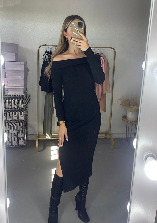 Lovely Off The Shoulder Midi Dress (BLACK)