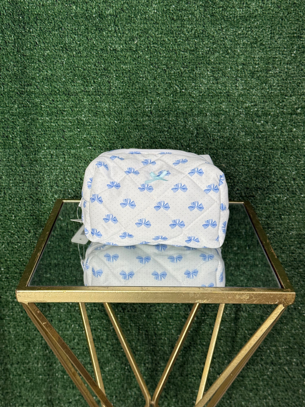 Quilted Makeup Bag With Bow Print (Blue)
