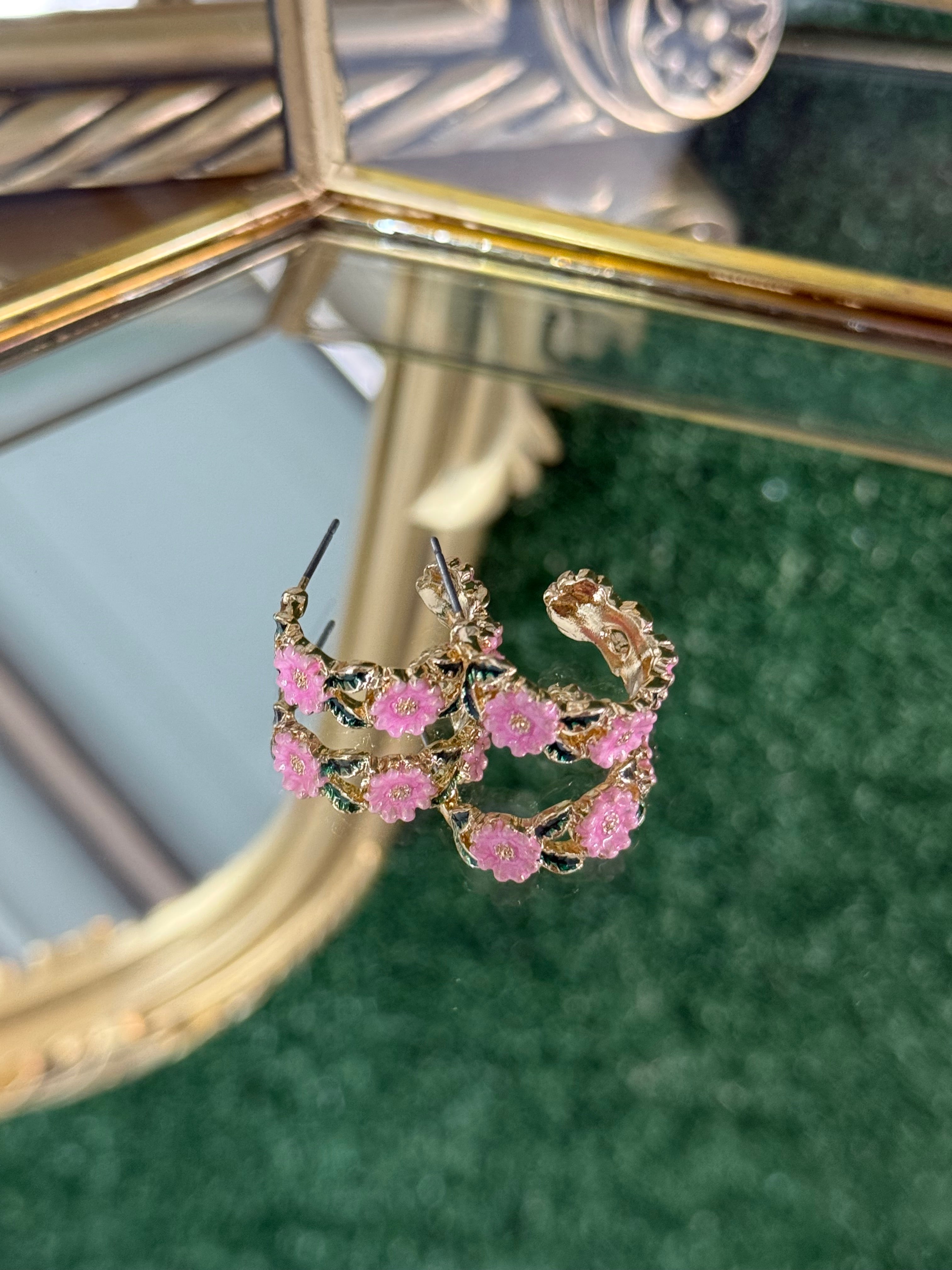 Flower Hoop Earrings (Pink)