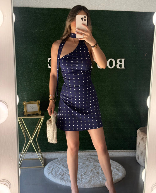 Lola One Shoulder Polka Dot Choker Dress (Navy/Cream)