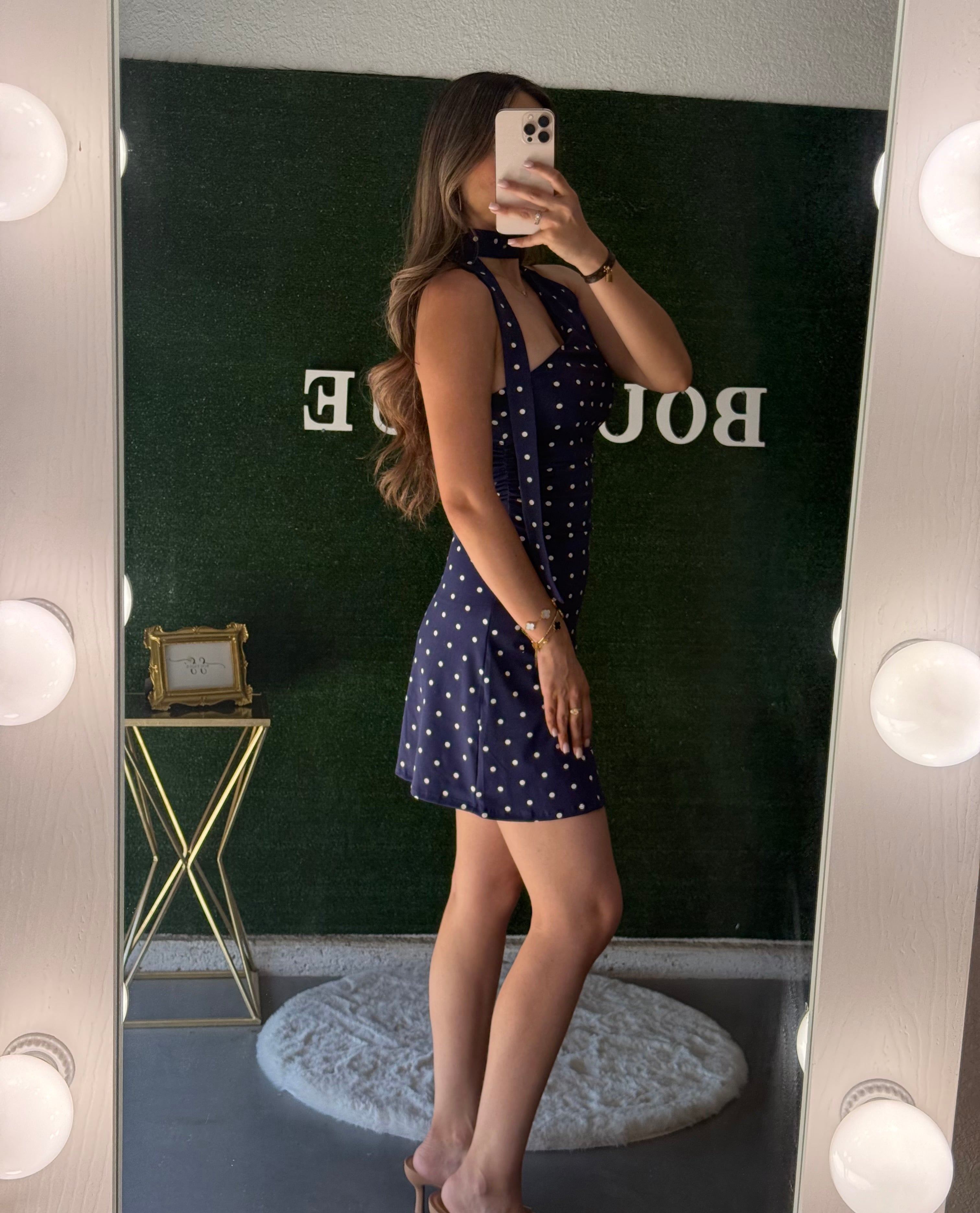 Lola One Shoulder Polka Dot Choker Dress (Navy/Cream)