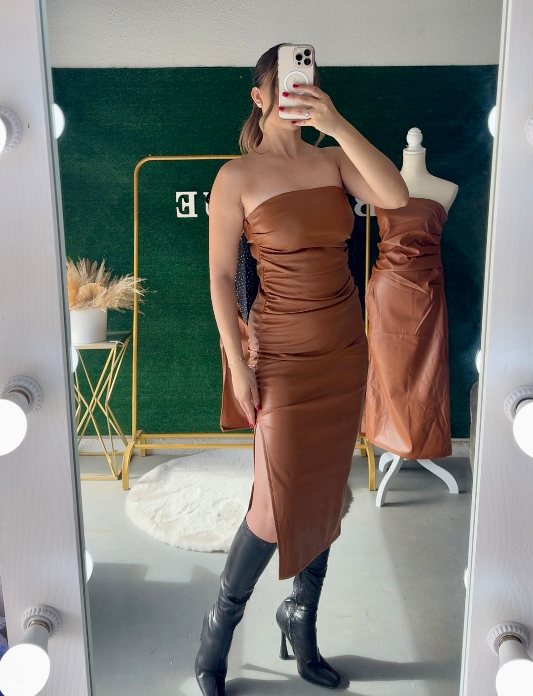 Laura Faux Leather Dress (Cognac)