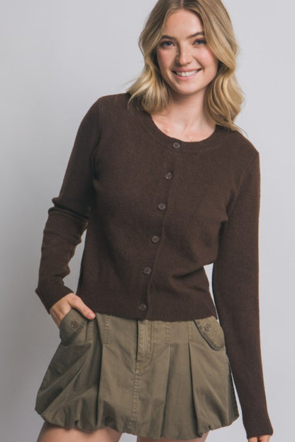 Zoe Crew Neck Button-Up Cardigan (Brown)