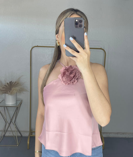 Rosette Satin Top (Dusty Pink)