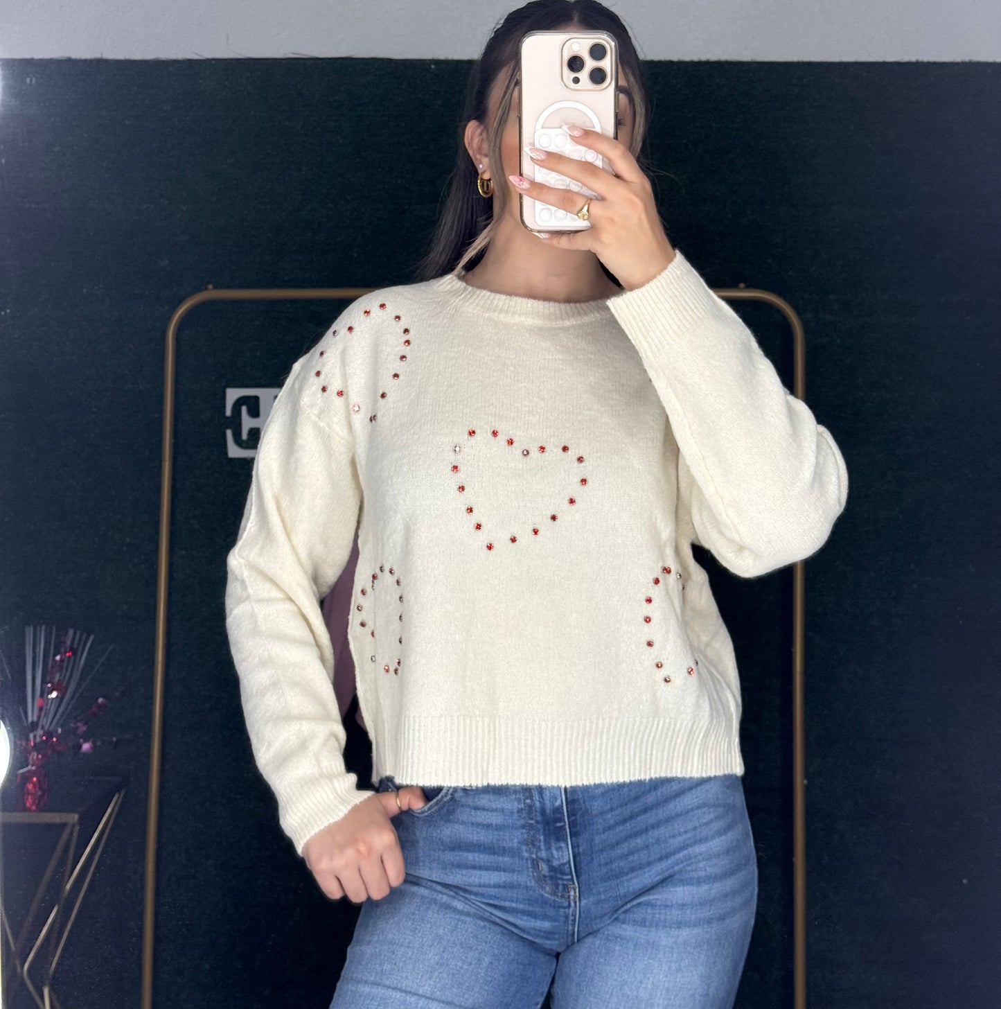 True Love Heart Beaded Sweater (Ivory)